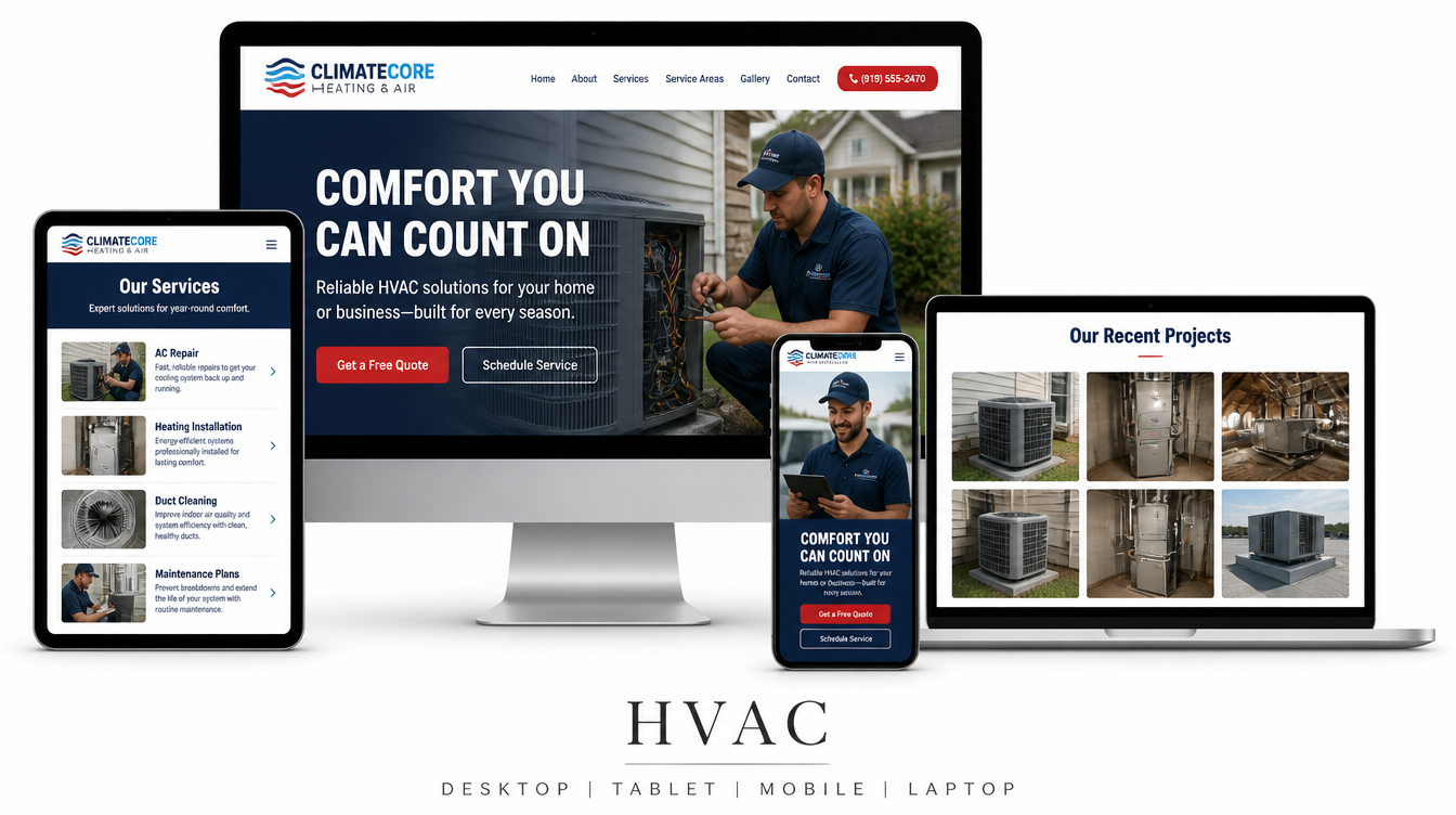 HVAC website shown on desktop, tablet, mobile and laptop
