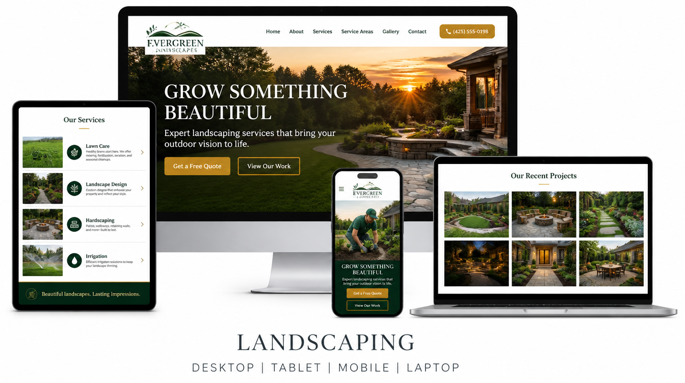 Landscaping website shown on desktop, tablet, mobile and laptop
