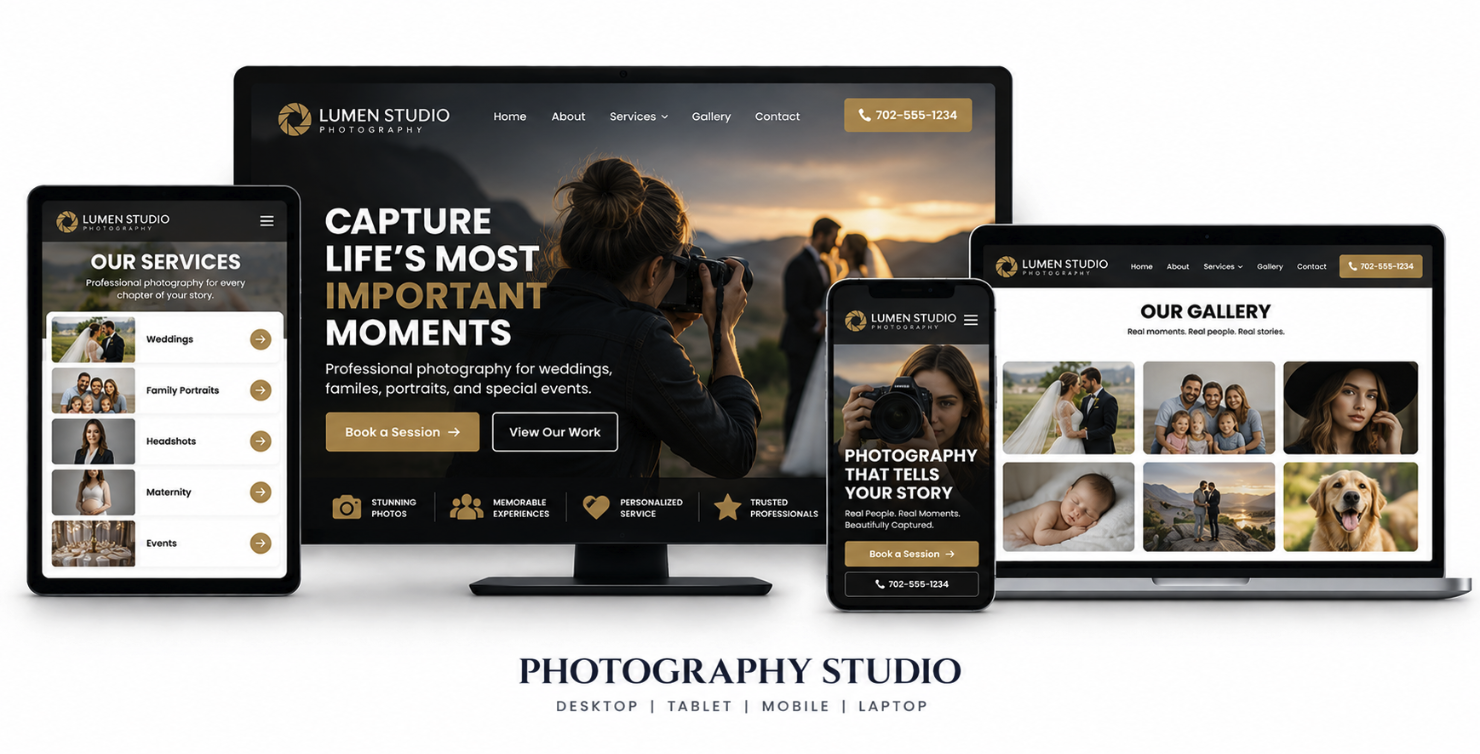 Photography Studio website shown on desktop, tablet, mobile and laptop
