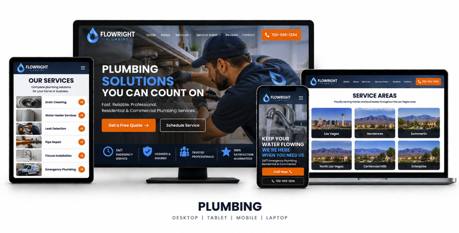 Plumbing website shown on desktop, tablet, mobile and laptop