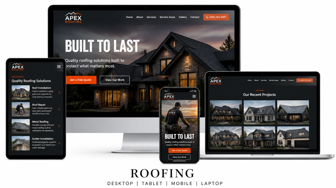 Roofing website shown on desktop, tablet, mobile and laptop